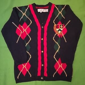Vintage 80s Colorful The Eagle's Eye Argyle Cardigan Large with Crest